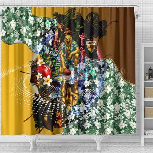 Personalized Hawthorn Football Hawks Shower Curtain Tropical Hibiscus Flowers - Pacific Fusion Style