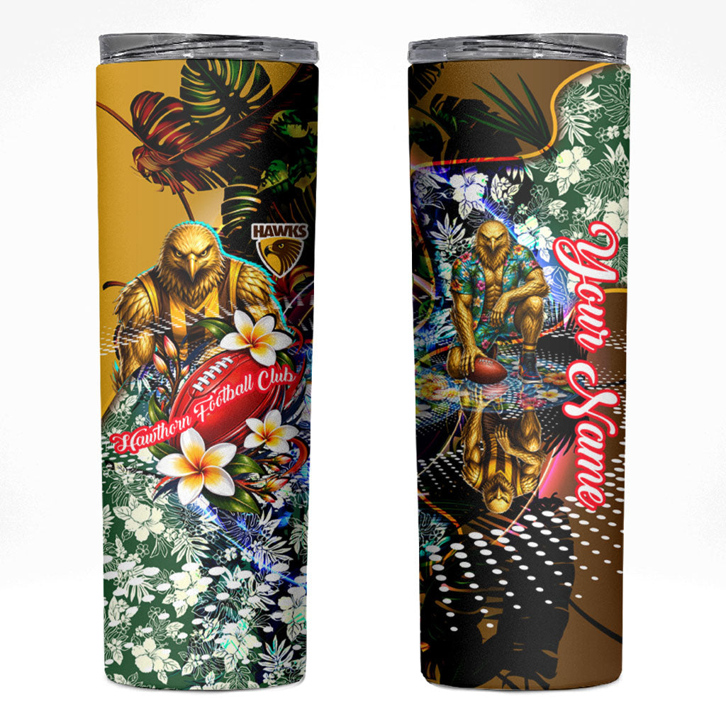 Personalized Hawthorn Football Hawks Skinny Tumbler Tropical Hibiscus Flowers - Pacific Fusion Style