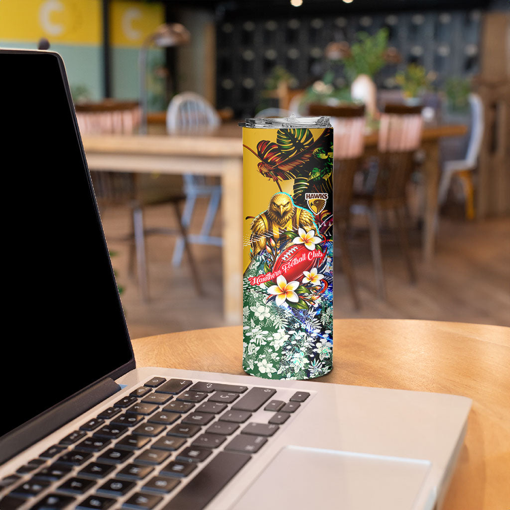 Personalized Hawthorn Football Hawks Skinny Tumbler Tropical Hibiscus Flowers - Pacific Fusion Style