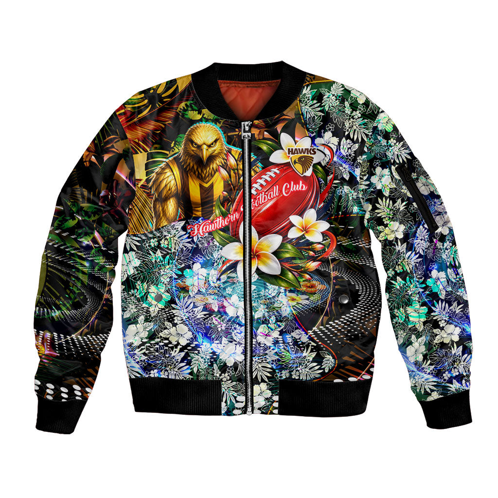 Personalized Hawthorn Football Hawks Sleeve Zip Bomber Jacket Tropical Hibiscus Flowers - Pacific Fusion Style