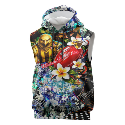 Personalized Hawthorn Football Hawks Sleeveless Hoodie Tropical Hibiscus Flowers - Pacific Fusion Style