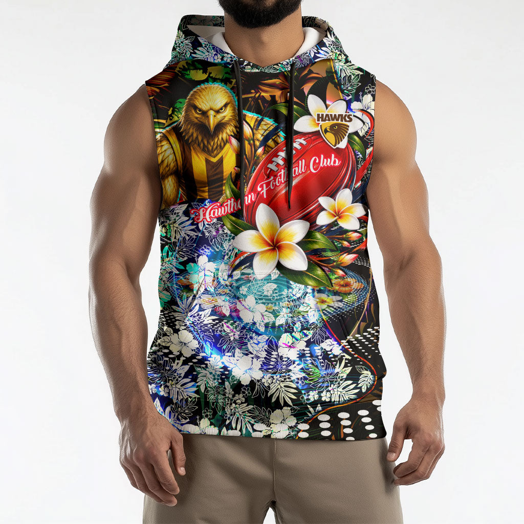 Personalized Hawthorn Football Hawks Sleeveless Hoodie Tropical Hibiscus Flowers - Pacific Fusion Style