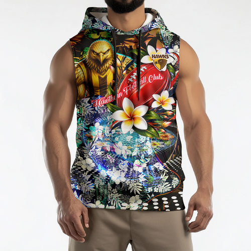 Personalized Hawthorn Football Hawks Sleeveless Hoodie Tropical Hibiscus Flowers - Pacific Fusion Style