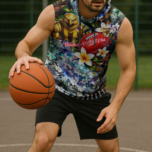 Personalized Hawthorn Football Hawks Sleeveless Hoodie Tropical Hibiscus Flowers - Pacific Fusion Style