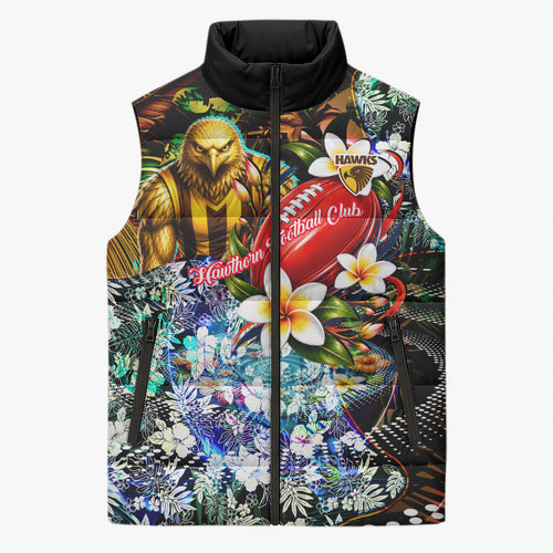 Personalized Hawthorn Football Hawks Sleeveless Puffer Jacket Tropical Hibiscus Flowers - Pacific Fusion Style