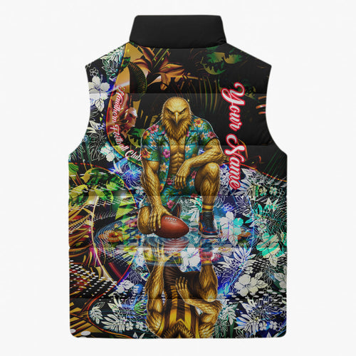 Personalized Hawthorn Football Hawks Sleeveless Puffer Jacket Tropical Hibiscus Flowers - Pacific Fusion Style