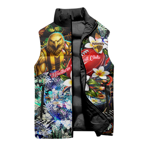 Personalized Hawthorn Football Hawks Sleeveless Puffer Jacket Tropical Hibiscus Flowers - Pacific Fusion Style
