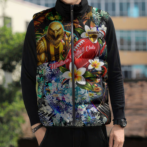 Personalized Hawthorn Football Hawks Sleeveless Puffer Jacket Tropical Hibiscus Flowers - Pacific Fusion Style