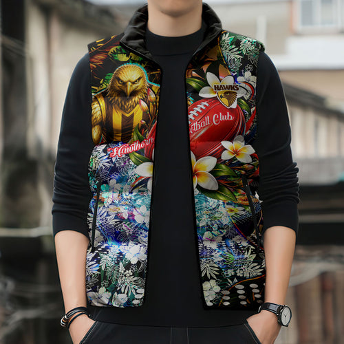 Personalized Hawthorn Football Hawks Sleeveless Puffer Jacket Tropical Hibiscus Flowers - Pacific Fusion Style