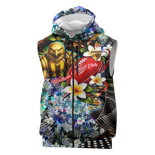 Personalized Hawthorn Football Hawks Sleeveless Zip Hoodie Tropical Hibiscus Flowers - Pacific Fusion Style