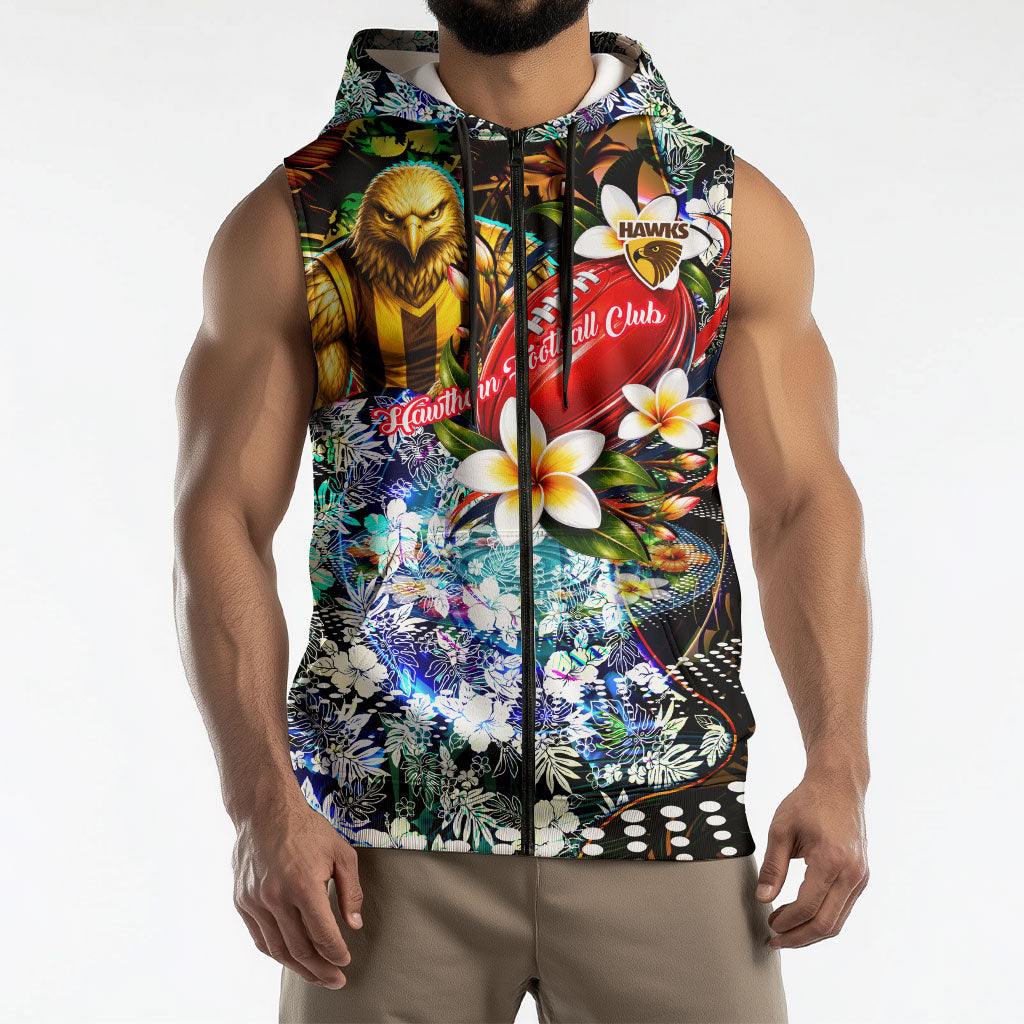 Personalized Hawthorn Football Hawks Sleeveless Zip Hoodie Tropical Hibiscus Flowers - Pacific Fusion Style