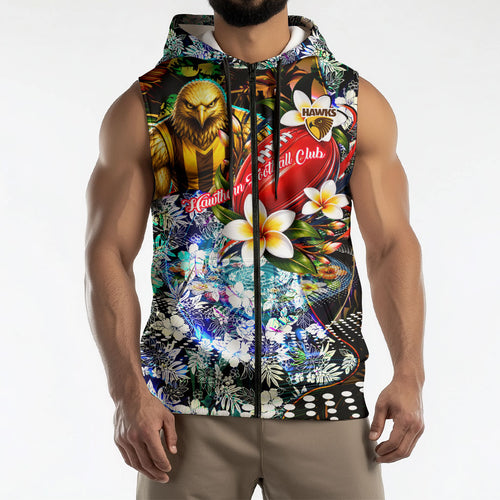 Personalized Hawthorn Football Hawks Sleeveless Zip Hoodie Tropical Hibiscus Flowers - Pacific Fusion Style