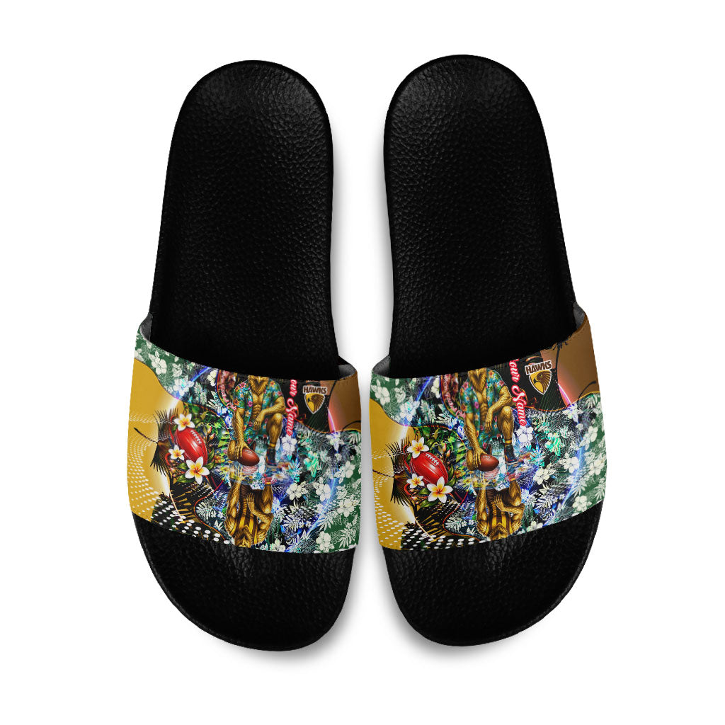 Personalized Hawthorn Football Hawks Slide Sandals Tropical Hibiscus Flowers - Pacific Fusion Style