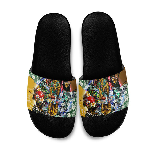 Personalized Hawthorn Football Hawks Slide Sandals Tropical Hibiscus Flowers - Pacific Fusion Style