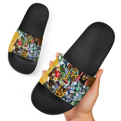 Personalized Hawthorn Football Hawks Slide Sandals Tropical Hibiscus Flowers - Pacific Fusion Style