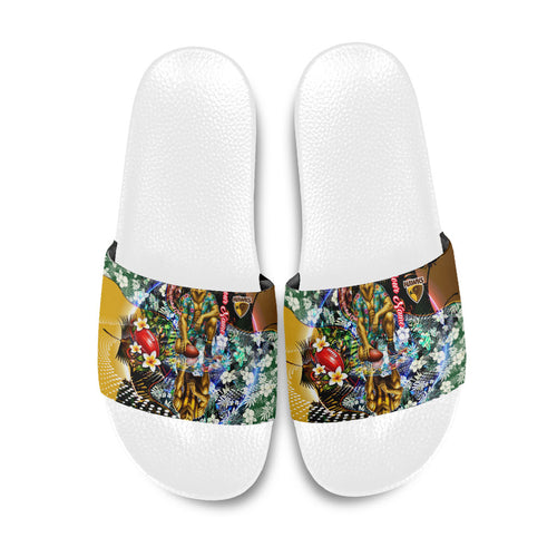 Personalized Hawthorn Football Hawks Slide Sandals Tropical Hibiscus Flowers - Pacific Fusion Style