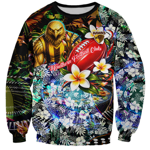 Personalized Hawthorn Football Hawks Sweatshirt Tropical Hibiscus Flowers - Pacific Fusion Style