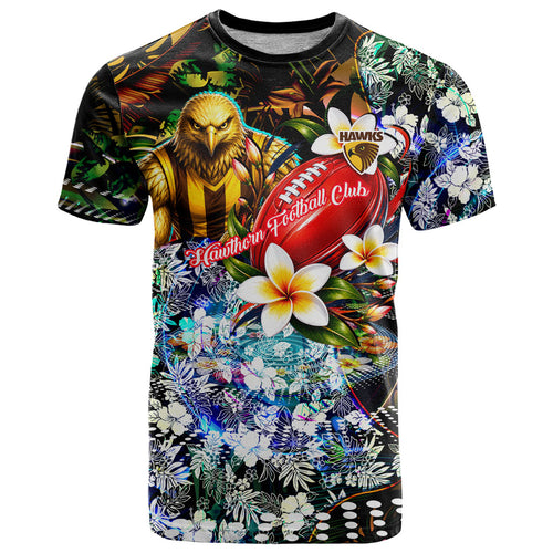 Personalized Hawthorn Football Hawks T Shirt Tropical Hibiscus Flowers - Pacific Fusion Style
