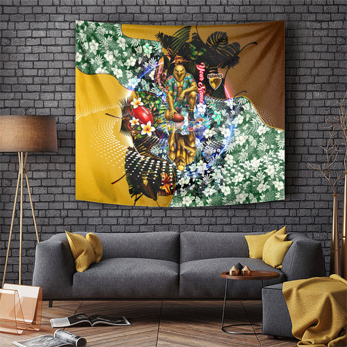 Personalized Hawthorn Football Hawks Tapestry Tropical Hibiscus Flowers - Pacific Fusion Style