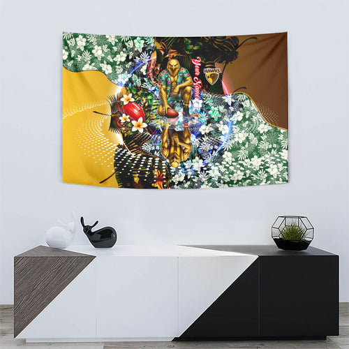Personalized Hawthorn Football Hawks Tapestry Tropical Hibiscus Flowers - Pacific Fusion Style