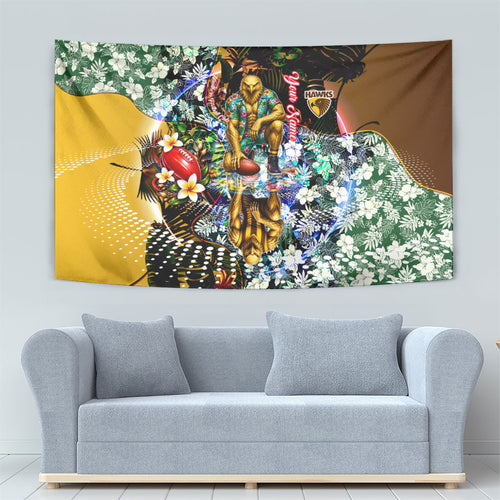 Personalized Hawthorn Football Hawks Tapestry Tropical Hibiscus Flowers - Pacific Fusion Style