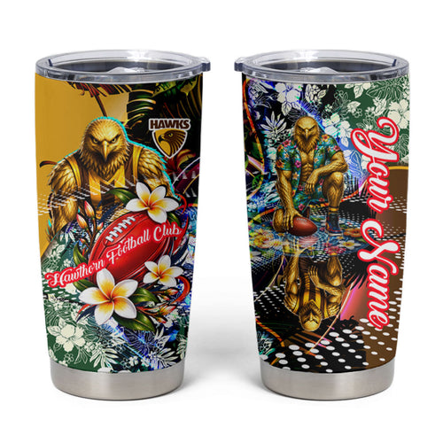 Personalized Hawthorn Football Hawks Tumbler Cup Tropical Hibiscus Flowers - Pacific Fusion Style