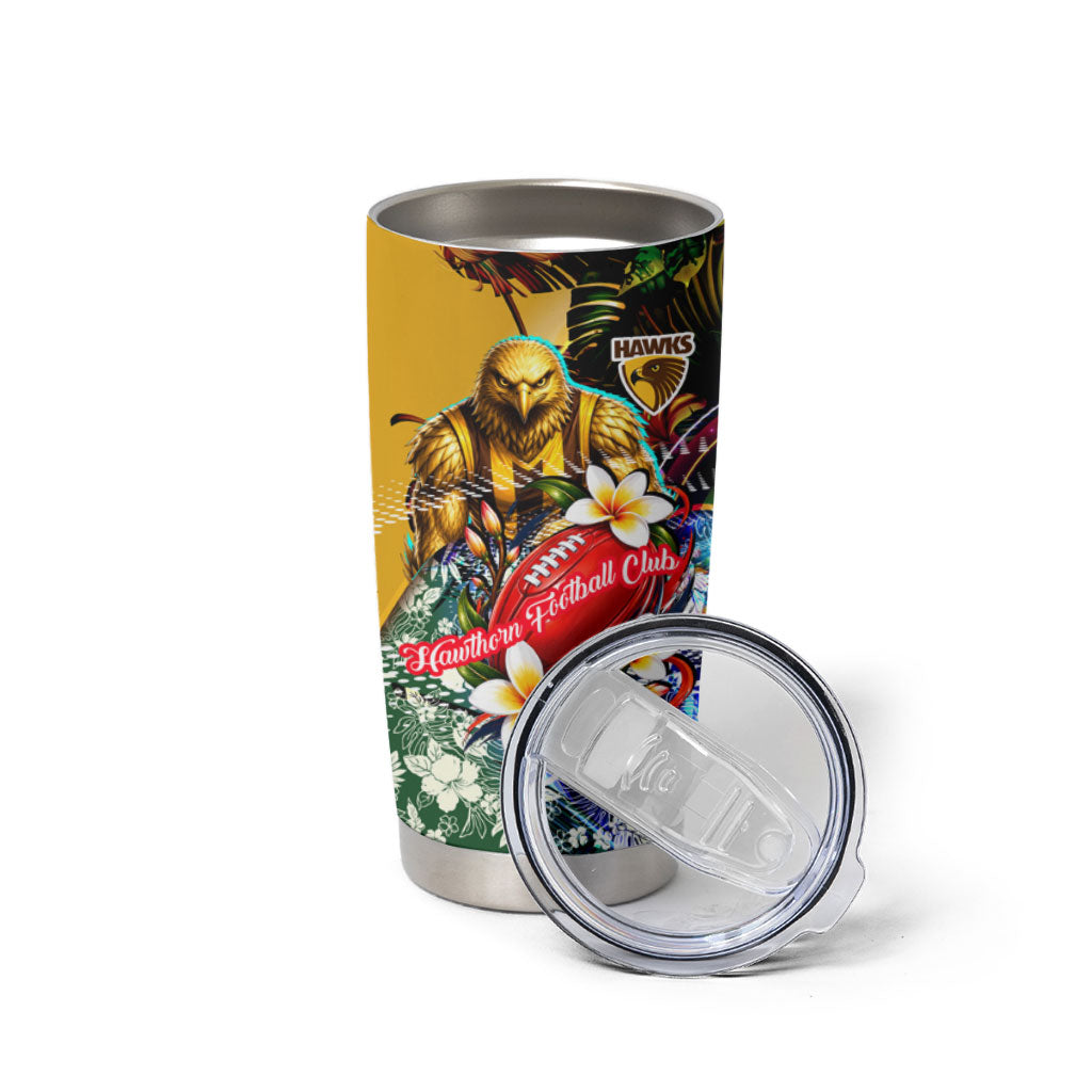 Personalized Hawthorn Football Hawks Tumbler Cup Tropical Hibiscus Flowers - Pacific Fusion Style