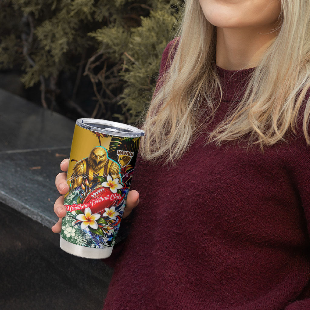 Personalized Hawthorn Football Hawks Tumbler Cup Tropical Hibiscus Flowers - Pacific Fusion Style