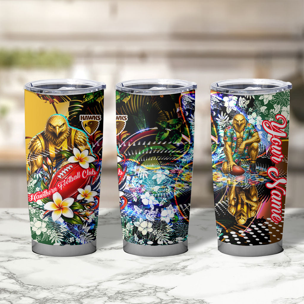 Personalized Hawthorn Football Hawks Tumbler Cup Tropical Hibiscus Flowers - Pacific Fusion Style