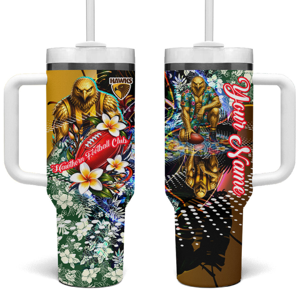 Personalized Hawthorn Football Hawks Tumbler With Handle Tropical Hibiscus Flowers - Pacific Fusion Style