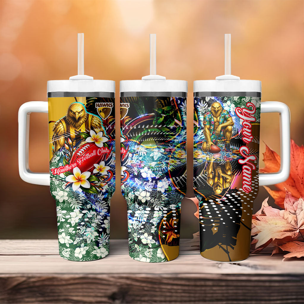 Personalized Hawthorn Football Hawks Tumbler With Handle Tropical Hibiscus Flowers - Pacific Fusion Style