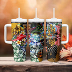 Personalized Hawthorn Football Hawks Tumbler With Handle Tropical Hibiscus Flowers - Pacific Fusion Style
