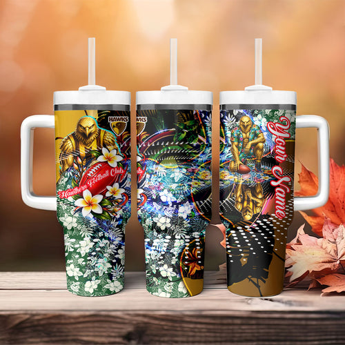 Personalized Hawthorn Football Hawks Tumbler With Handle Tropical Hibiscus Flowers - Pacific Fusion Style