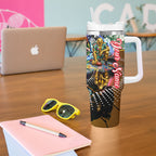 Personalized Hawthorn Football Hawks Tumbler With Handle Tropical Hibiscus Flowers - Pacific Fusion Style