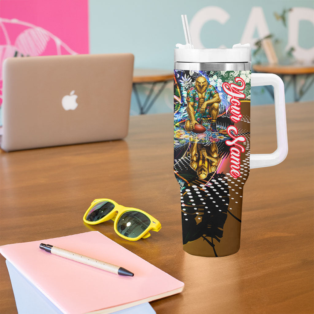 Personalized Hawthorn Football Hawks Tumbler With Handle Tropical Hibiscus Flowers - Pacific Fusion Style
