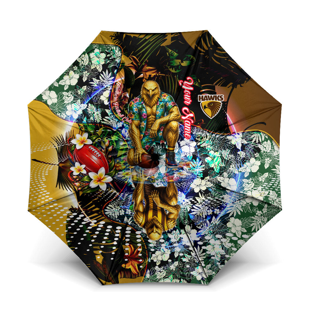 Personalized Hawthorn Football Hawks Umbrella Tropical Hibiscus Flowers - Pacific Fusion Style