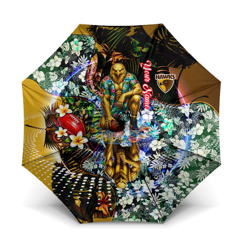 Personalized Hawthorn Football Hawks Umbrella Tropical Hibiscus Flowers - Pacific Fusion Style
