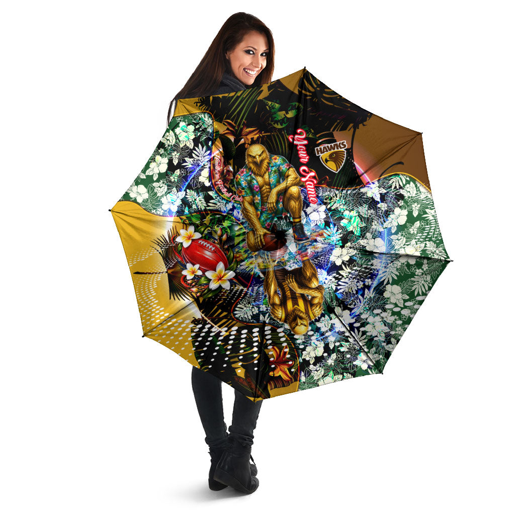 Personalized Hawthorn Football Hawks Umbrella Tropical Hibiscus Flowers - Pacific Fusion Style
