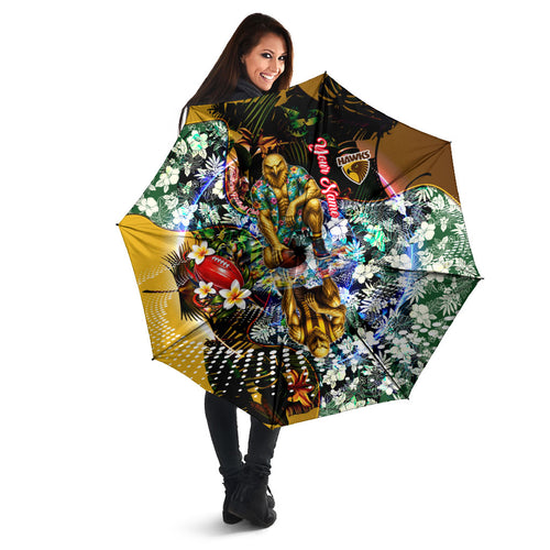 Personalized Hawthorn Football Hawks Umbrella Tropical Hibiscus Flowers - Pacific Fusion Style