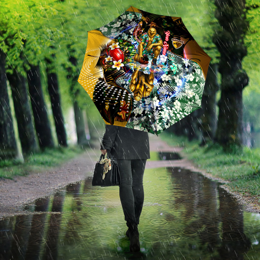 Personalized Hawthorn Football Hawks Umbrella Tropical Hibiscus Flowers - Pacific Fusion Style