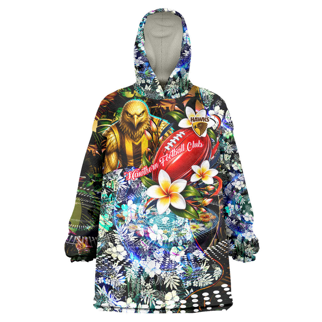 Personalized Hawthorn Football Hawks Wearable Blanket Hoodie Tropical Hibiscus Flowers - Pacific Fusion Style