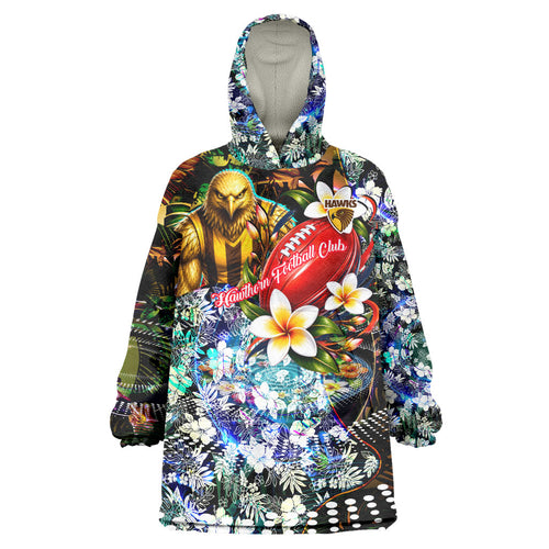 Personalized Hawthorn Football Hawks Wearable Blanket Hoodie Tropical Hibiscus Flowers - Pacific Fusion Style