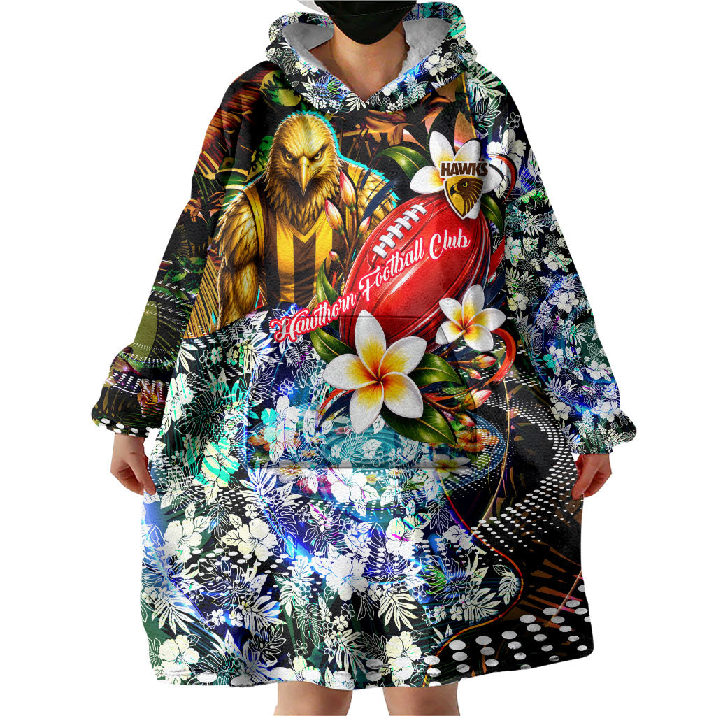 Personalized Hawthorn Football Hawks Wearable Blanket Hoodie Tropical Hibiscus Flowers - Pacific Fusion Style