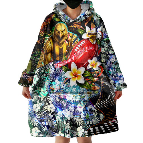 Personalized Hawthorn Football Hawks Wearable Blanket Hoodie Tropical Hibiscus Flowers - Pacific Fusion Style