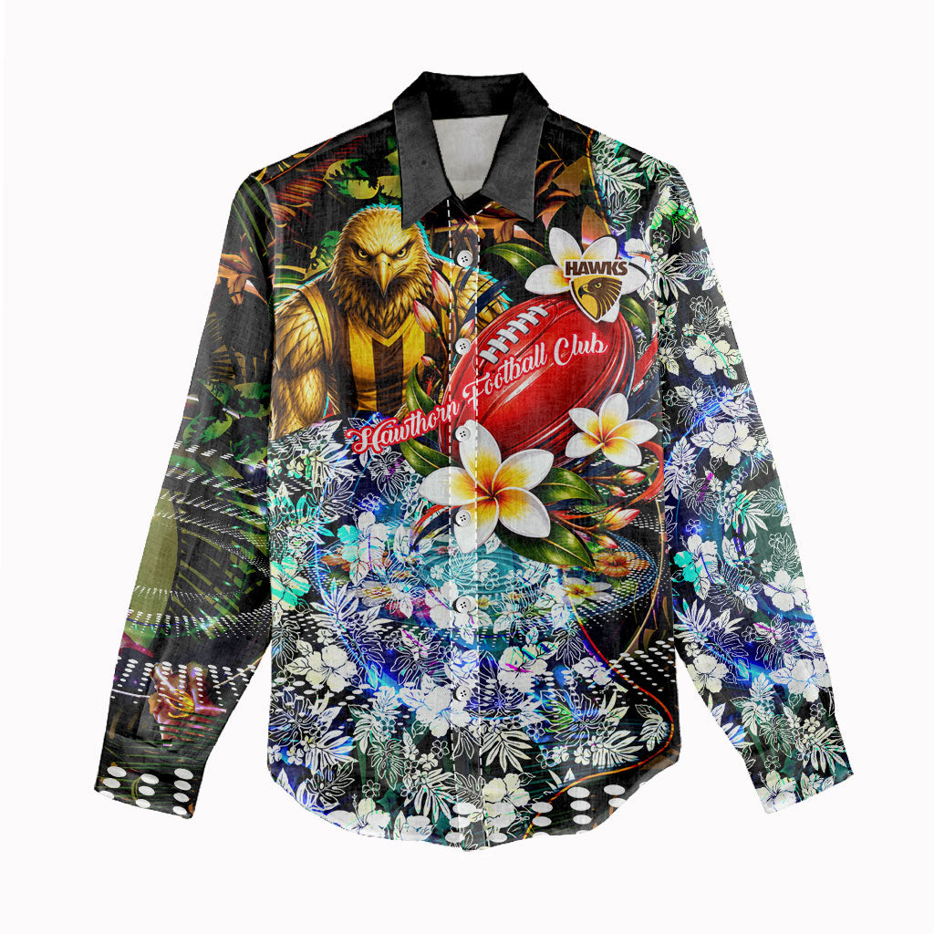 Personalized Hawthorn Football Hawks Women Casual Shirt Tropical Hibiscus Flowers - Pacific Fusion Style