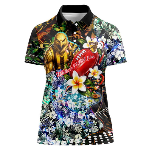 Personalized Hawthorn Football Hawks Women Polo Shirt Tropical Hibiscus Flowers - Pacific Fusion Style