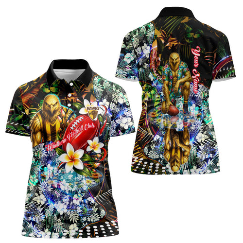 Personalized Hawthorn Football Hawks Women Polo Shirt Tropical Hibiscus Flowers - Pacific Fusion Style