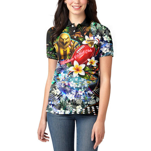 Personalized Hawthorn Football Hawks Women Polo Shirt Tropical Hibiscus Flowers - Pacific Fusion Style