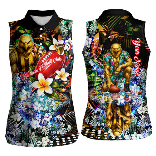 Personalized Hawthorn Football Hawks Women Sleeveless Polo Shirt Tropical Hibiscus Flowers - Pacific Fusion Style