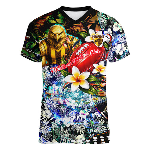 Personalized Hawthorn Football Hawks Women V-Neck T-Shirt Tropical Hibiscus Flowers - Pacific Fusion Style